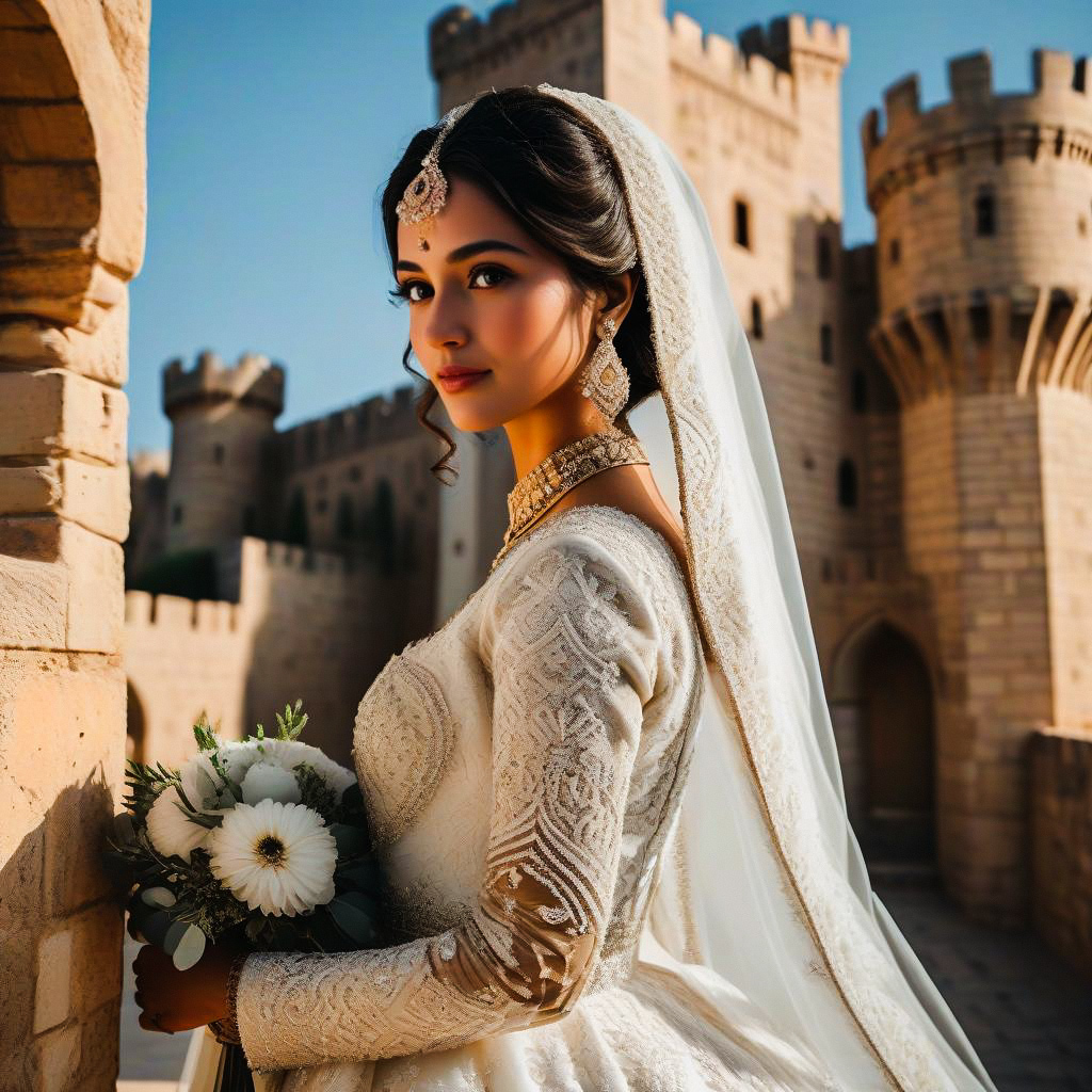 Woman in Embroidered Gown at Historic Castle