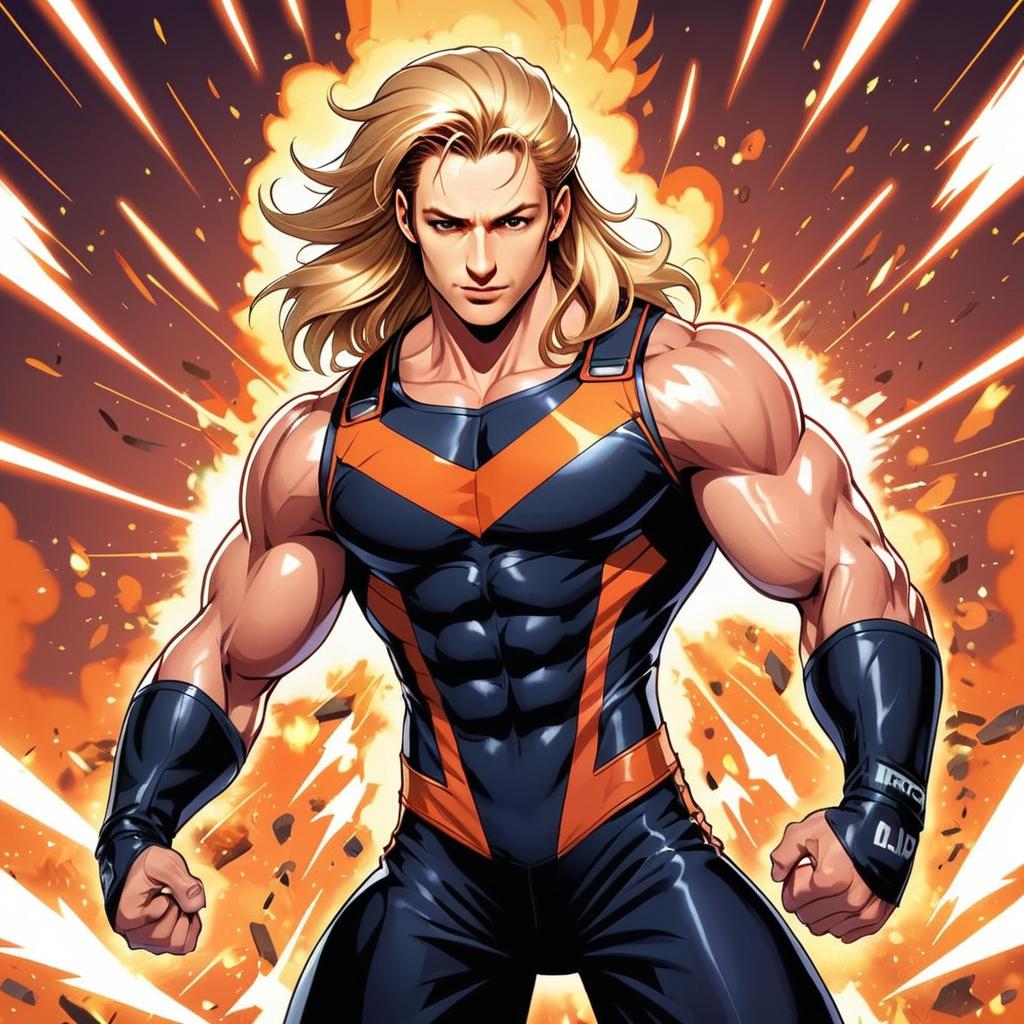 Muscular Blonde Male Superhero in Black and Orange Costume with Explosive Background