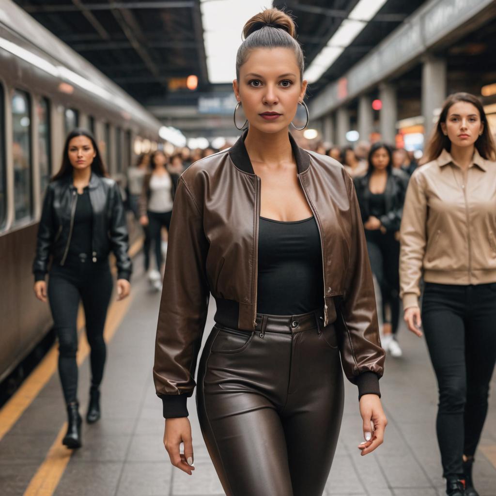 Confident Woman in Leather Jacket at Subway Station