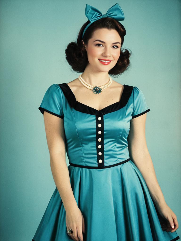 Woman in Retro 1950s Party Dress Costume with Teal Satin and Vintage Accessories