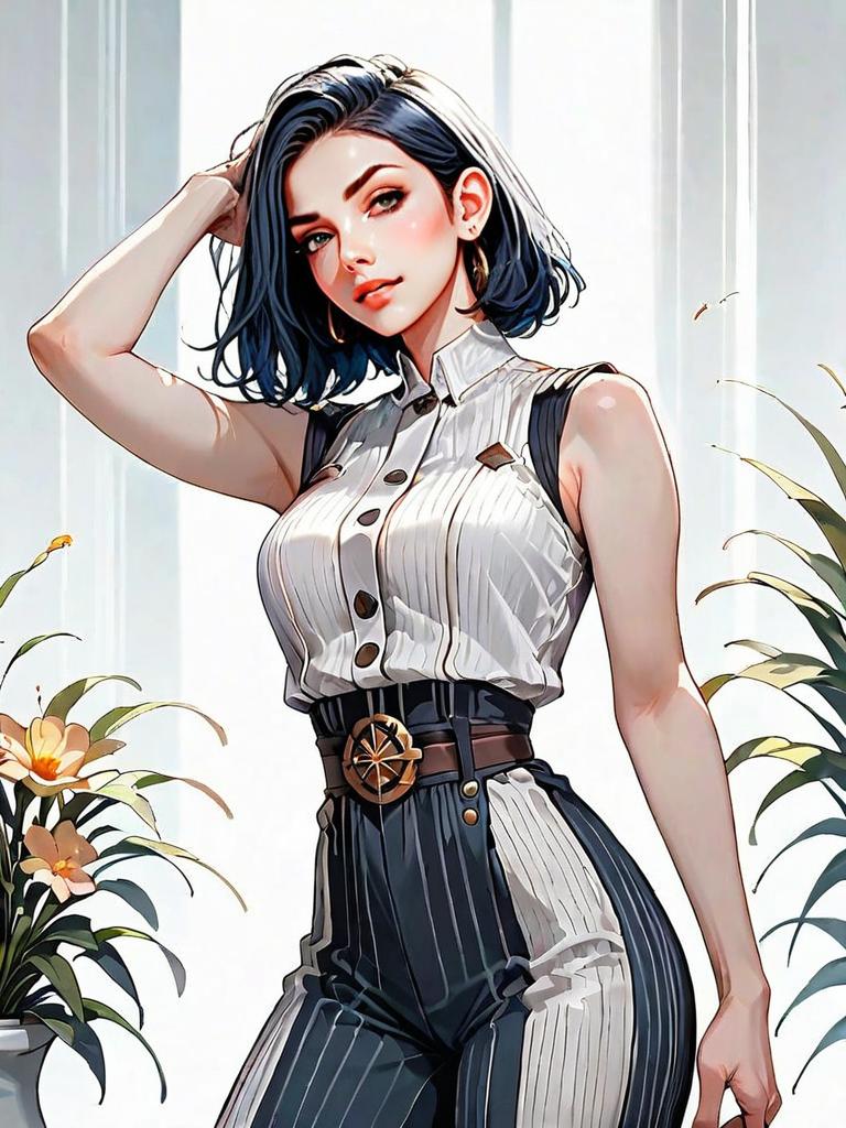 Stylish Woman in Fashion-Forward Outfit with Pinstriped Pants and Sleeveless Top