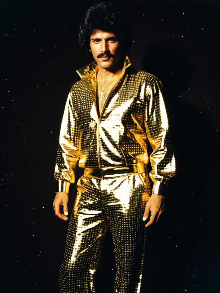 1970s Man Wearing Shiny Gold Disco Costume with Mustache