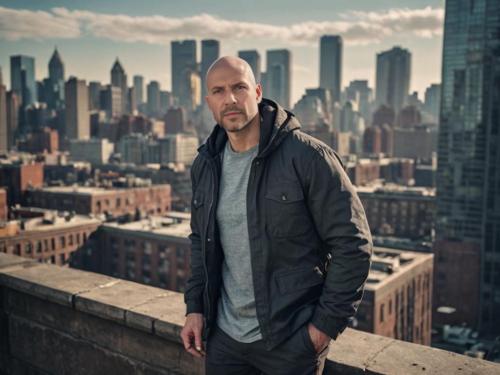 Confident Man on Rooftop Overlooking City Skyline