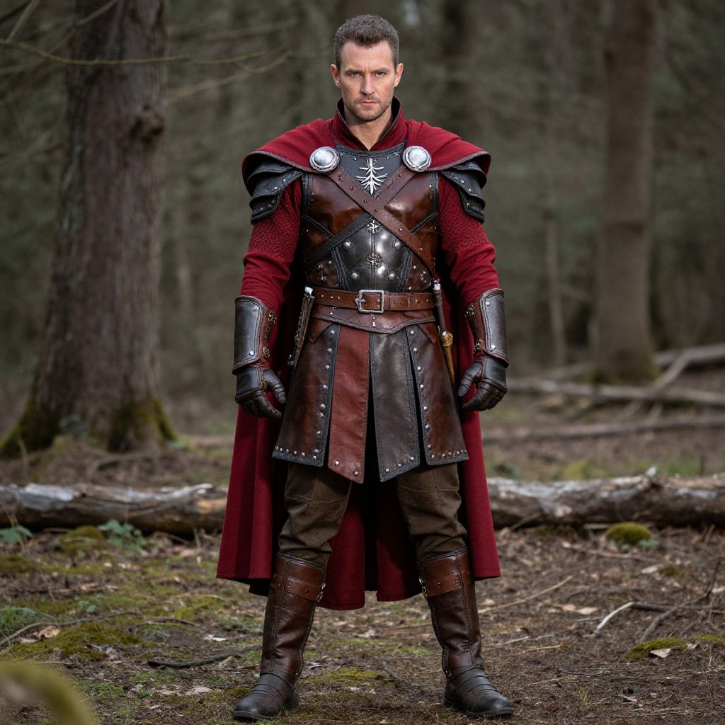 Medieval Warrior Man in Leather Armor and Red Cape in Forest