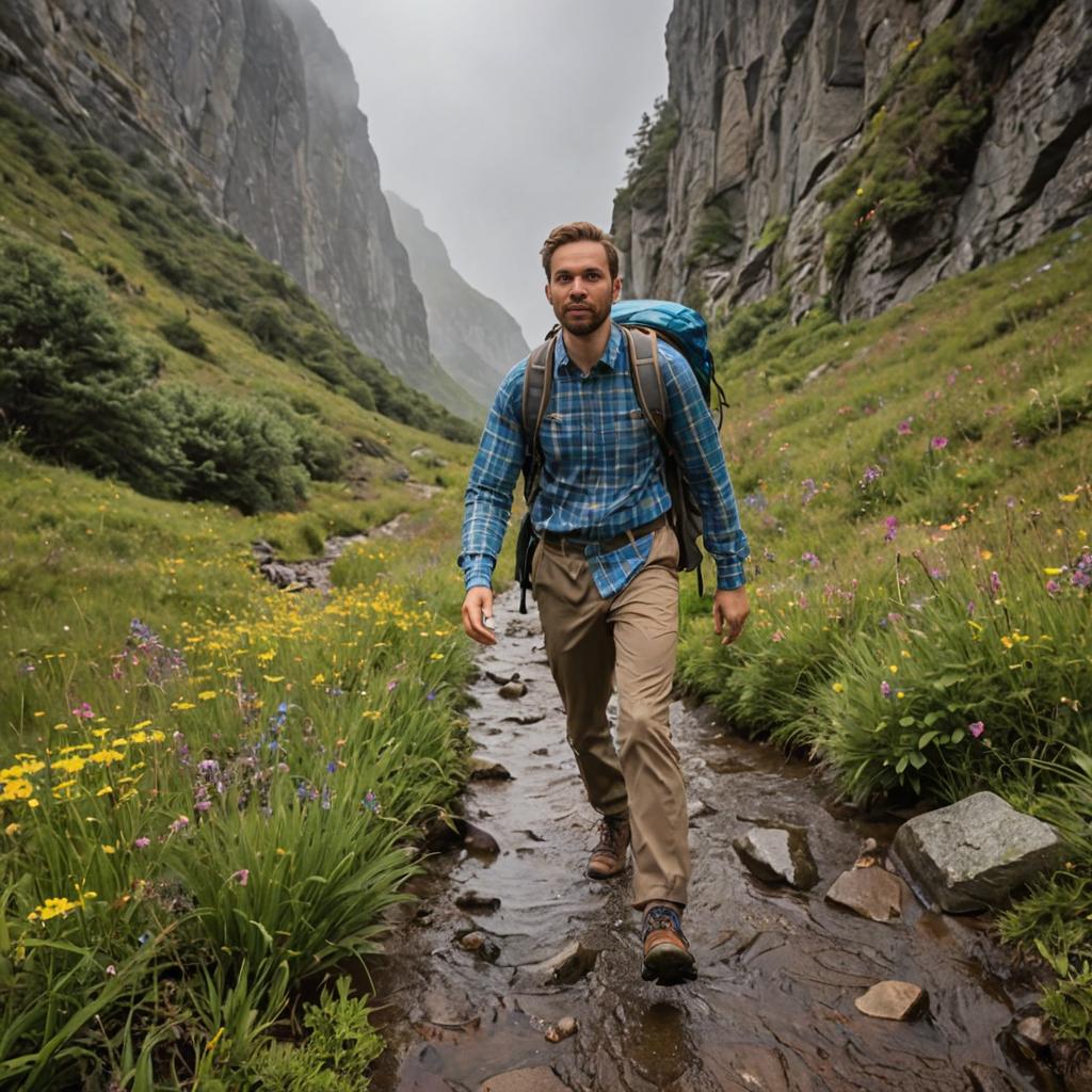 Man Hiking in Lush Mountains with Stream and Wildflowers