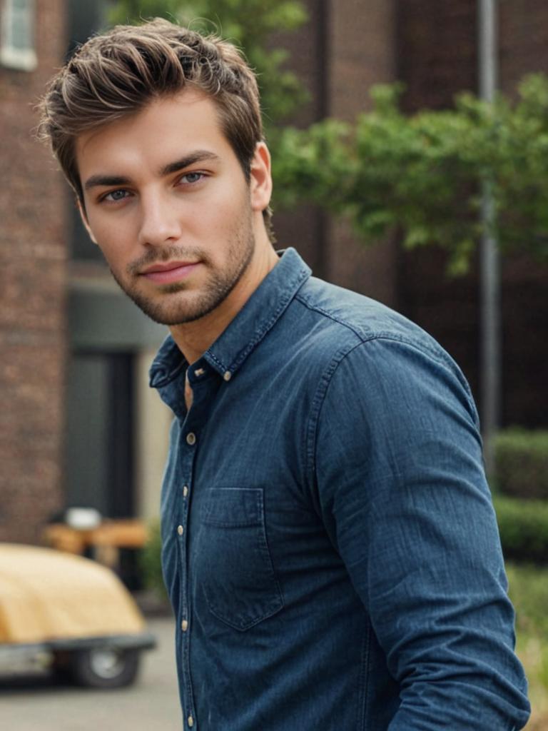 Young man with blue eyes in denim shirt