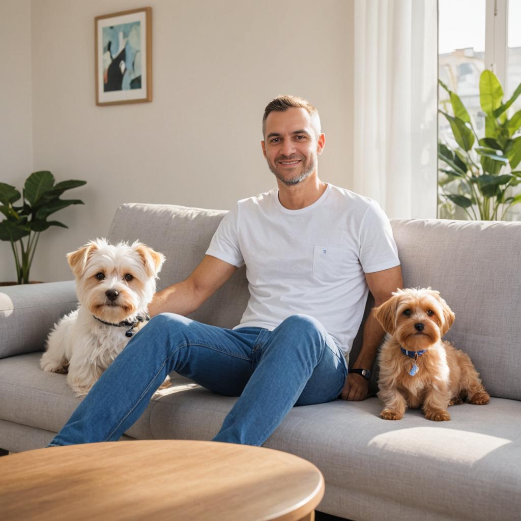 Man relaxing with dogs on couch in sunny living room