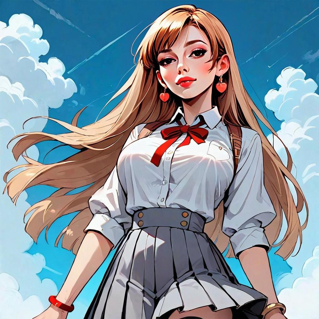 Anime Style Young Woman in School Uniform with Blue Sky Background