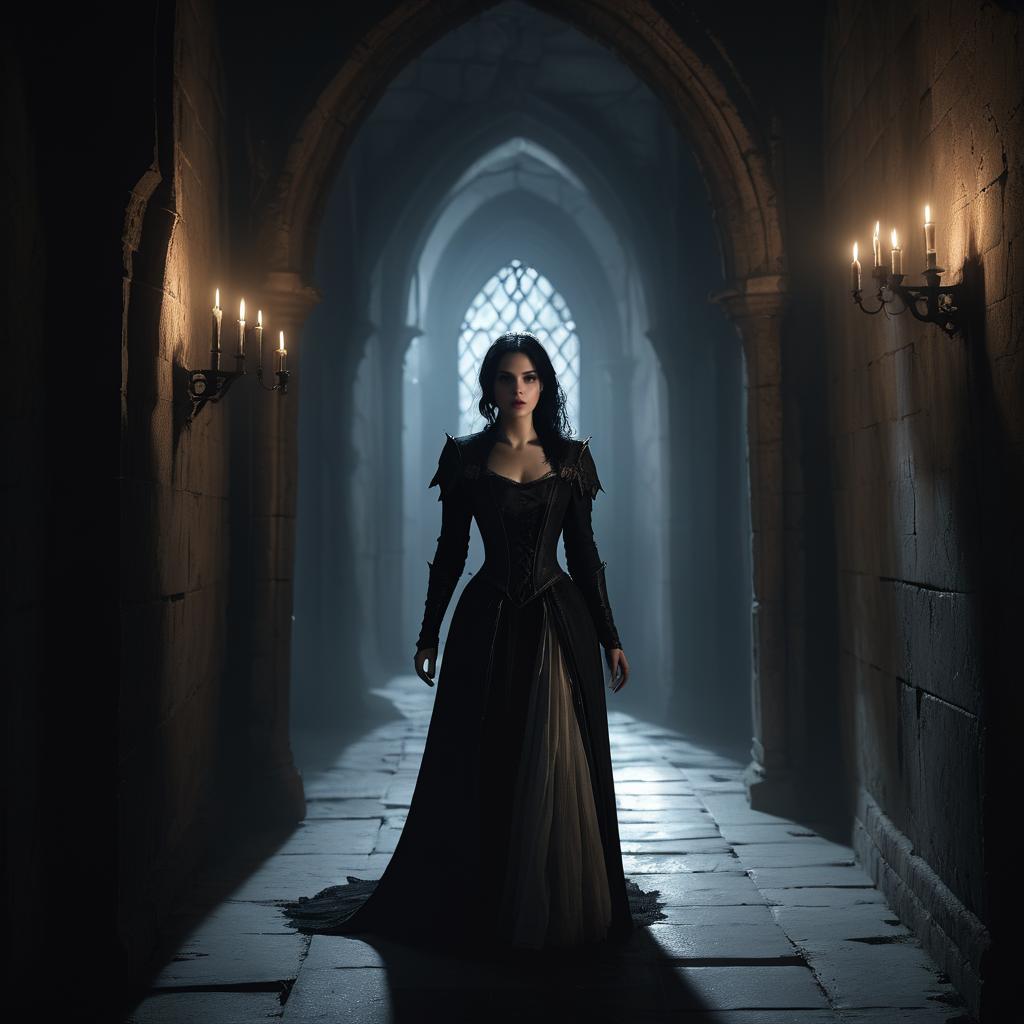 Gothic Woman in Candlelit Hallway