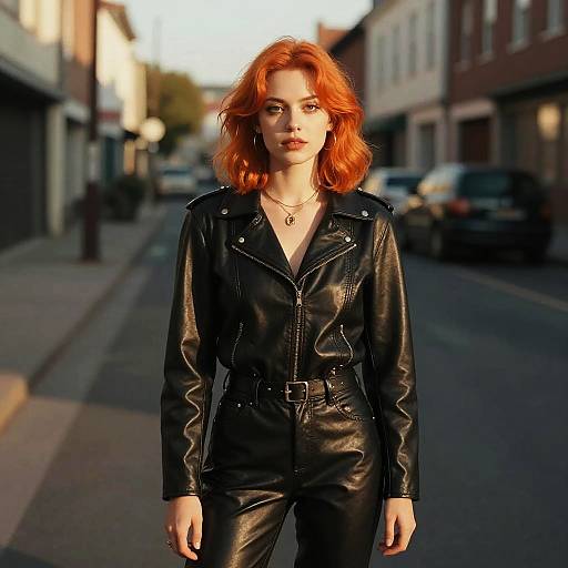 Black and Orange Fashion Woman with Orange Hair in Leather Outfit