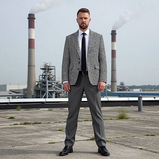 Man in Stylish Houndstooth Blazer Standing on Industrial Rooftop with Smokestacks
