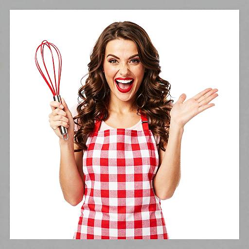 Excited Woman in Red Checkered Apron Holding Whisk Cooking