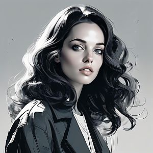 Young Woman with Dark Wavy Hair and Blue Eyes