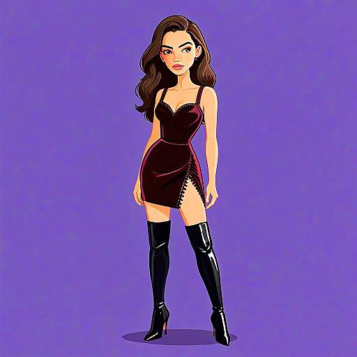 Stylish Woman in Dark Purple Dress with Thigh High Black Leather Boots Cartoon Illustration