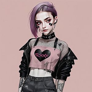 Stylish young woman with lavender hair in punk outfit
