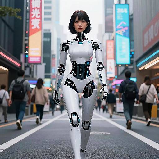 Cybernetic Woman Walking in Futuristic City Street