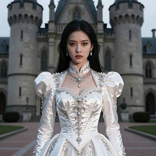 Elegant Woman in Victorian Style White Satin Gown in Front of Castle