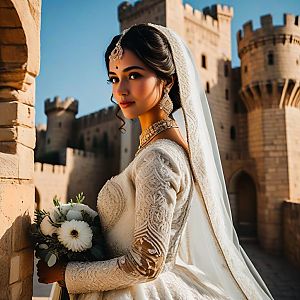 Woman in Embroidered Gown at Historic Castle