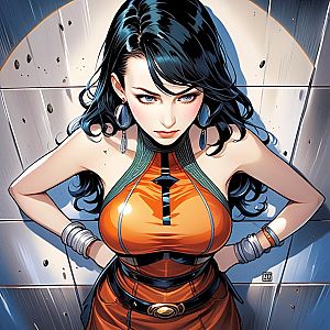 Dynamic Woman Illustration with Orange and Green Outfit