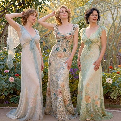 Elegant Women in Art Nouveau Style Floral Dresses in Garden