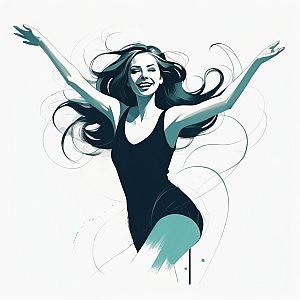Joyful Woman with Flowing Hair in Teal Accents