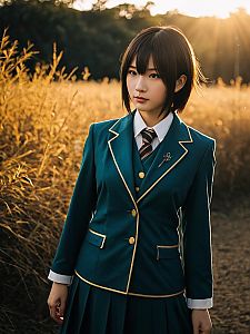 Realistic Tatsuki Arisawa Cosplay Woman in Teal School Uniform Outdoors