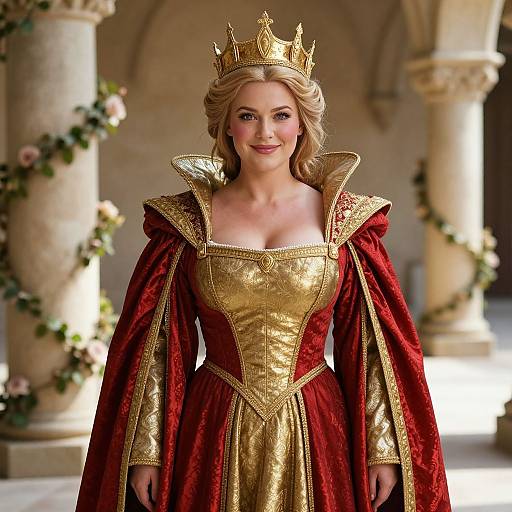 Regal Queen in Gold and Red Renaissance Gown with Crown