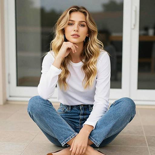 Young Blonde Woman Sitting Cross-Legged in Casual Outfit