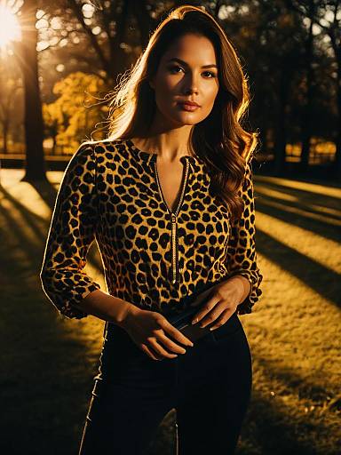 Woman in Trendy Leopard Print Top with Three-Quarter Length Sleeves