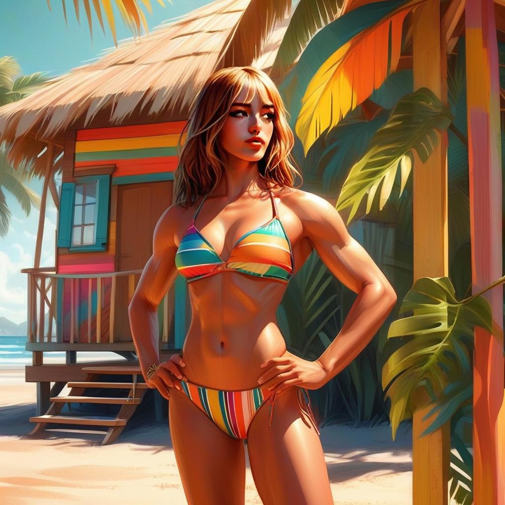 Confident Woman in Striped Bikini at Tropical Beach Hut