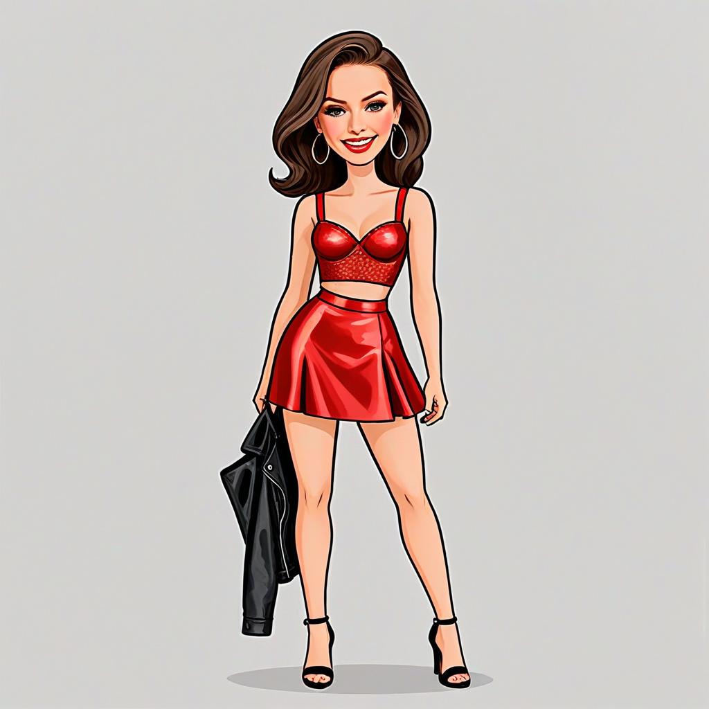 Edgy Chic Woman in Red Crop Top and Skirt Holding Leather Jacket Illustration