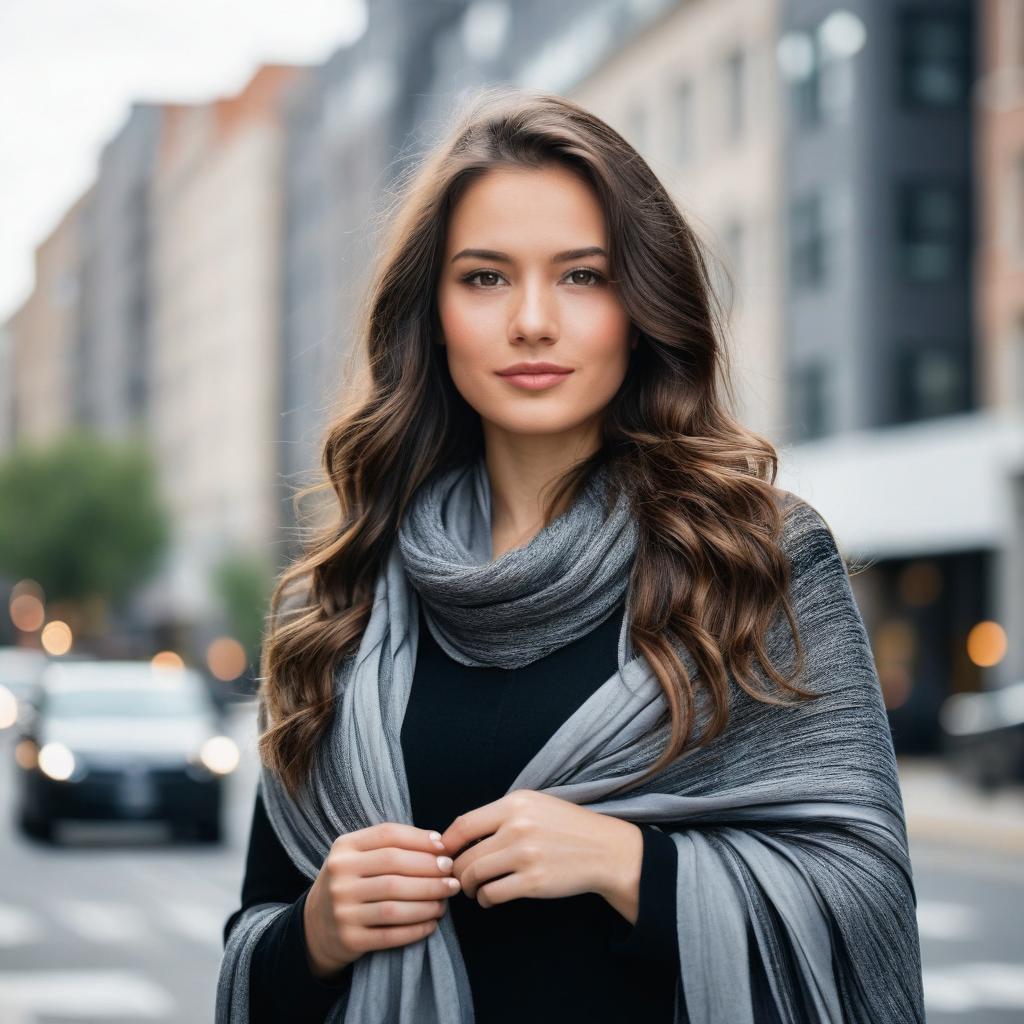Elegant Young Woman in Grey Shawl Urban Portrait k6acz1qc5pb9u8km