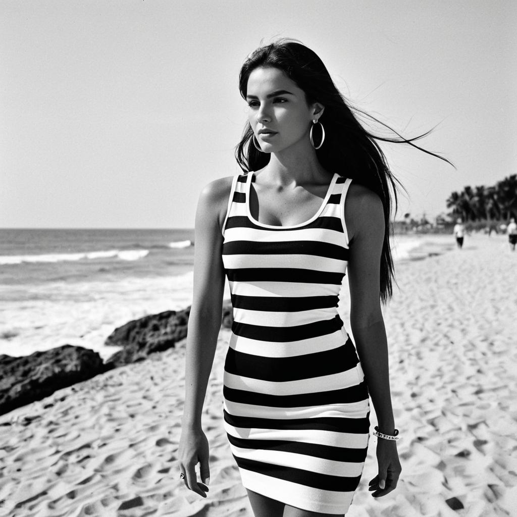 Woman Wearing Black and White Striped Dress on Beach in Monochrome