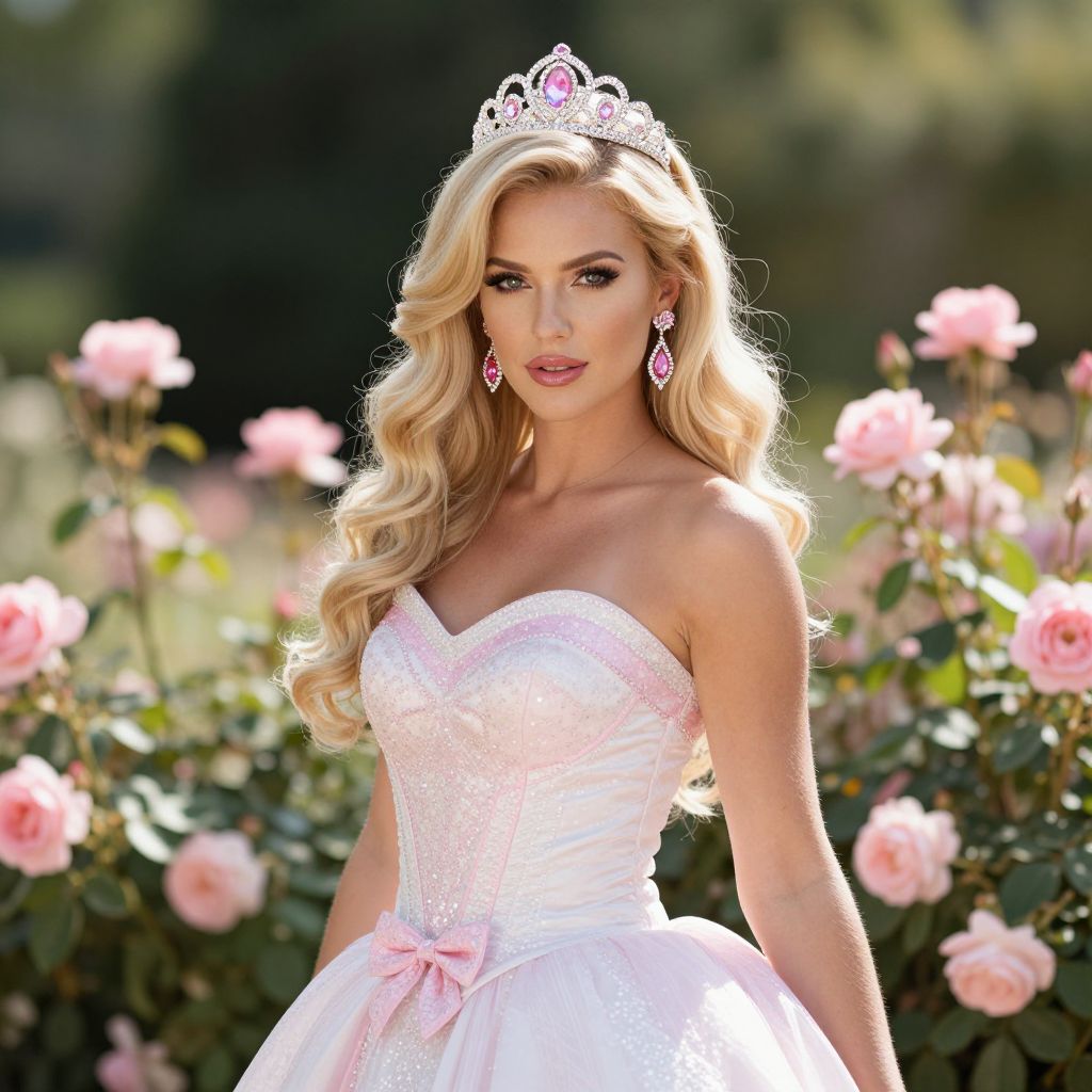 Blonde Woman in Sparkling Pink Princess Gown with Tiara Among Roses