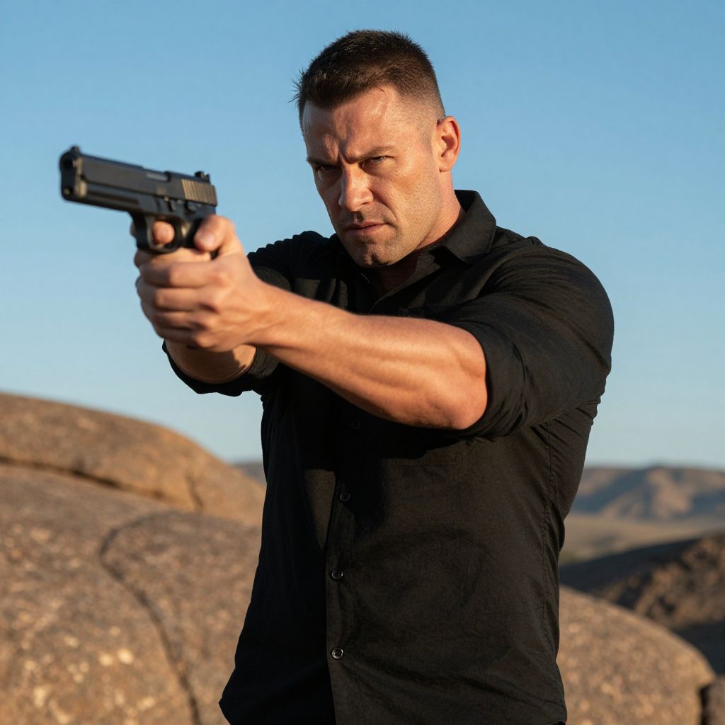 Man Aiming Handgun Outdoors in Rocky Desert Landscape