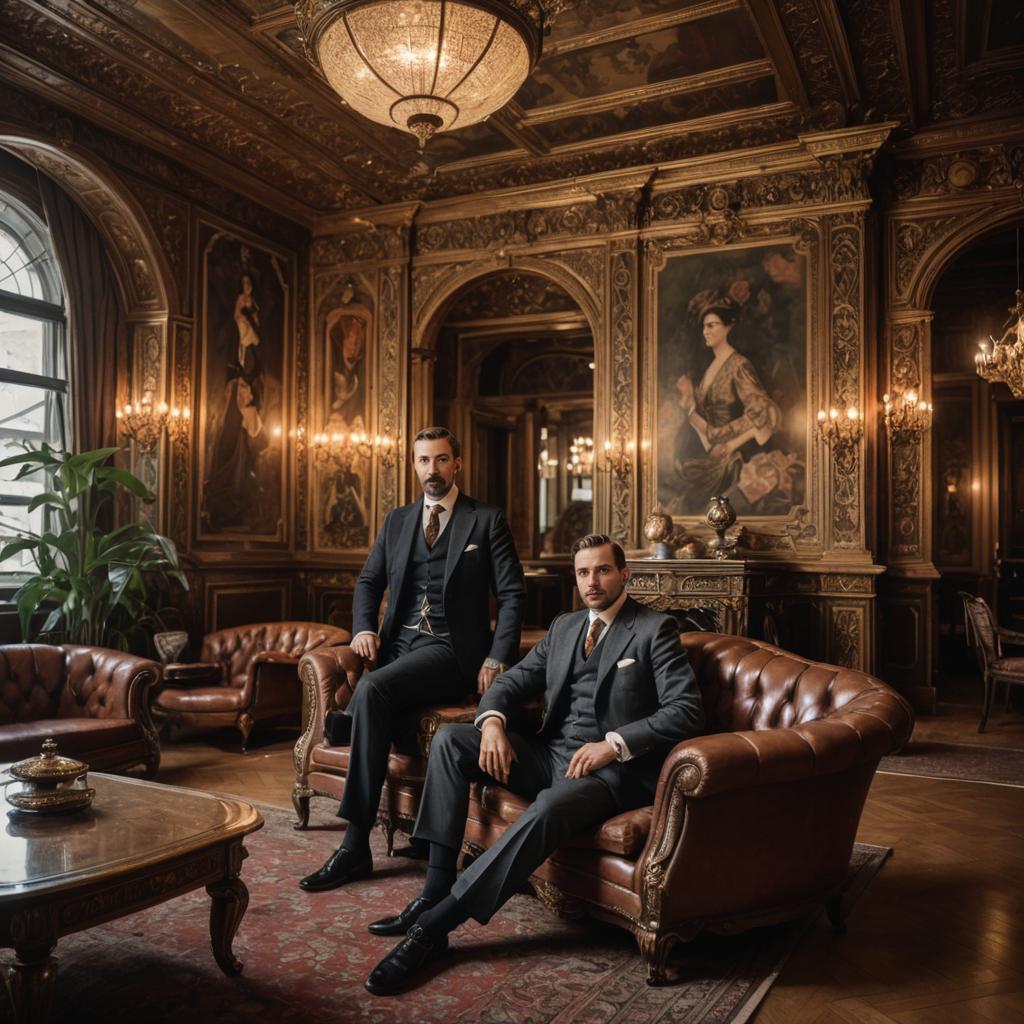 Two Men in Formal Attire in Luxurious Baroque Room