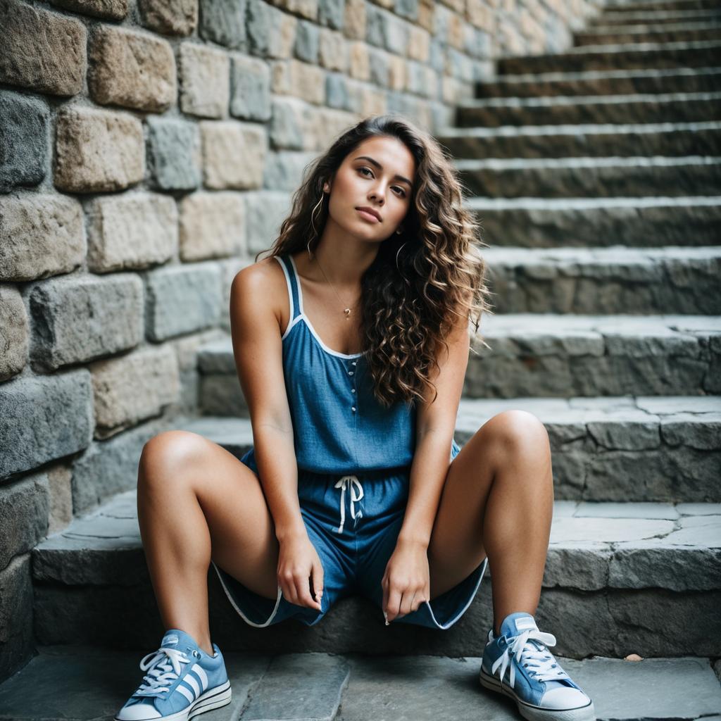 Young Woman in Blue Romper on Stone Steps