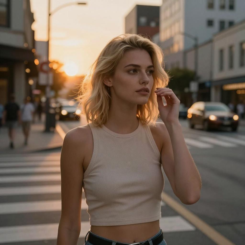 Portrait of Blonde Woman in Crop Top on City Street at Sunset