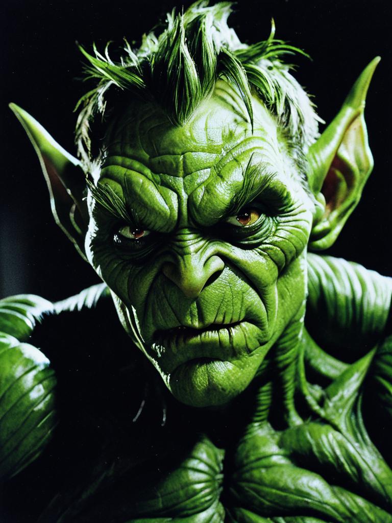 Green Goblin Close-Up Portrait with Intense Facial Expression