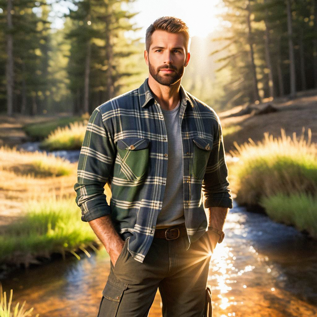 Man by Creek in Sun-Drenched Forest