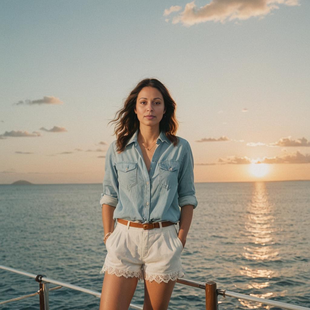 Stylish Woman on Boat at Sunset