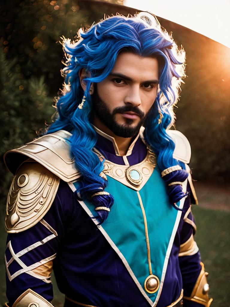 Man Cosplay Wearing Realistic Neptune Vasilias Costume with Blue Hair and Golden Armor