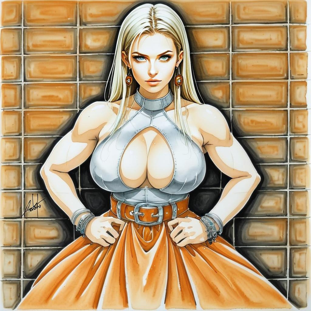 Confident Woman in Stylish Outfit Against Brick Wall