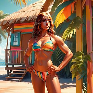 Confident Woman in Striped Bikini at Tropical Beach Hut