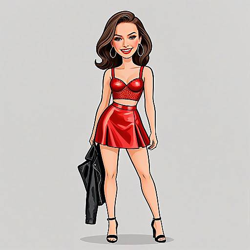 Edgy Chic Woman in Red Crop Top and Skirt Holding Leather Jacket Illustration