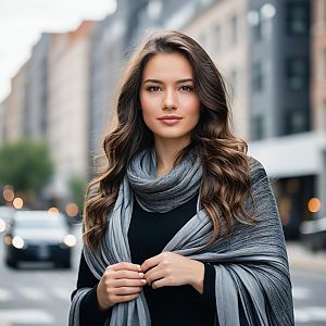 Elegant Young Woman in Grey Shawl Urban Portrait k6acz1qc5pb9u8km