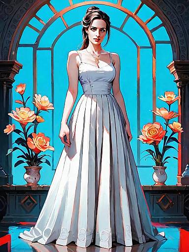 Realistic Digital Illustration of Woman in White Dress with Bohemian Floral Arch Background