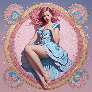 Woman with Pink Hair in Blue Dress on Pastel Backdrop