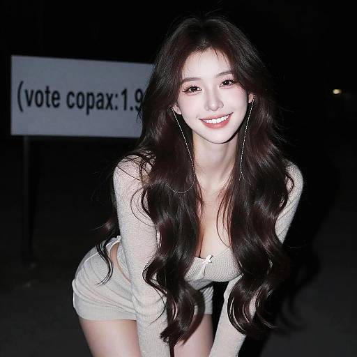 Smiling Young Woman in Beige Outfit with Long Wavy Hair - Gen Z Style