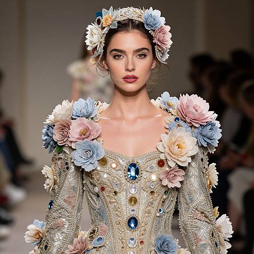 Ornate Couture Gown with Floral Appliqués and Gemstones on Runway